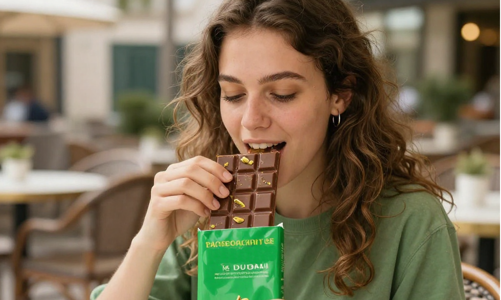 une jeune femme déguste une tablette de chocolat fourrée à la pâte de pistache à la terrasse d'un café